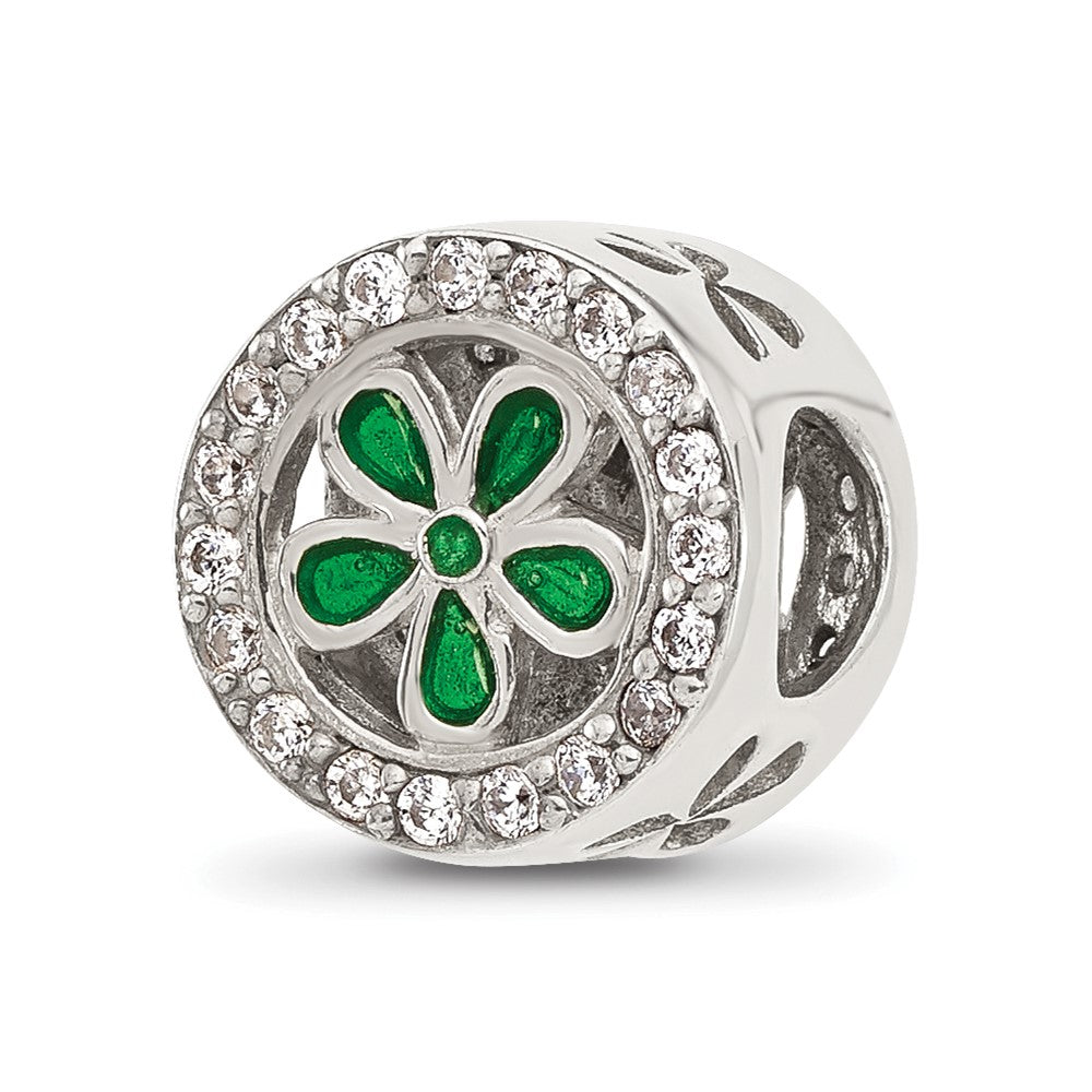 Sterling Silver Reflections Polish Cubic Zirconia and Green Enamel Flower Circle Bead