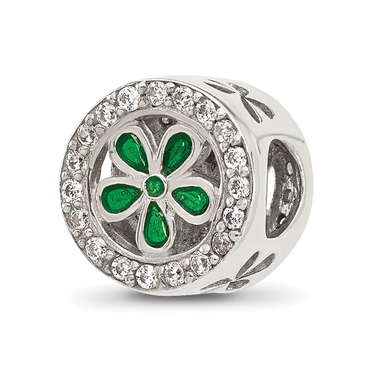 Sterling Silver Reflections Polish Cubic Zirconia and Green Enamel Flower Circle Bead