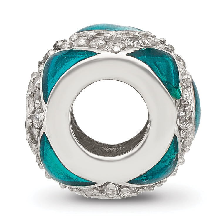 Sterling Silver Reflections Cubic Zirconia Teal Enameled Fancy Bead