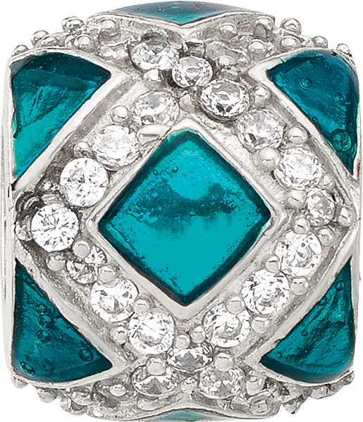 Sterling Silver Reflections Cubic Zirconia Teal Enameled Fancy Bead