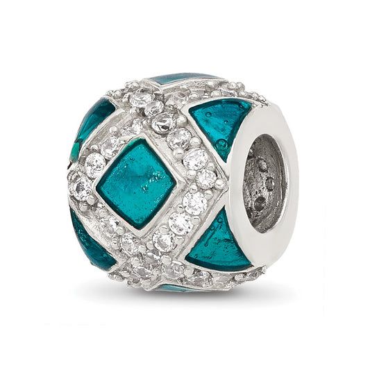 Sterling Silver Reflections Cubic Zirconia Teal Enameled Fancy Bead