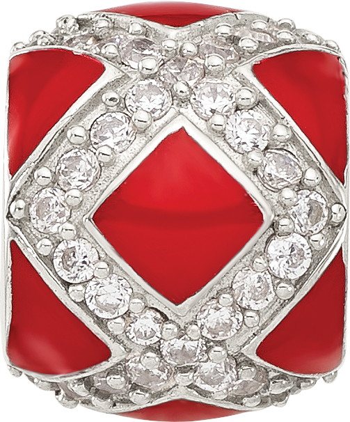 Sterling Silver Reflections Cubic Zirconia Red Enameled Fancy Bead