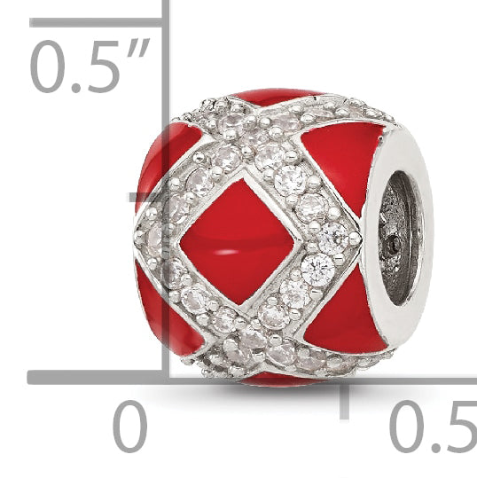 Sterling Silver Reflections Cubic Zirconia Red Enameled Fancy Bead