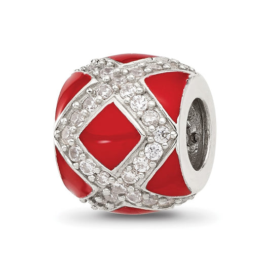 Sterling Silver Reflections Cubic Zirconia Red Enameled Fancy Bead