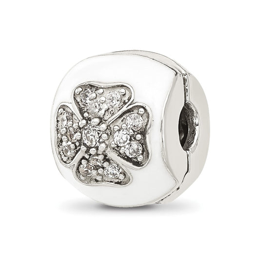 Sterling Silver Reflections White Enamel and Cubic Zirconia Floral Clip Bead