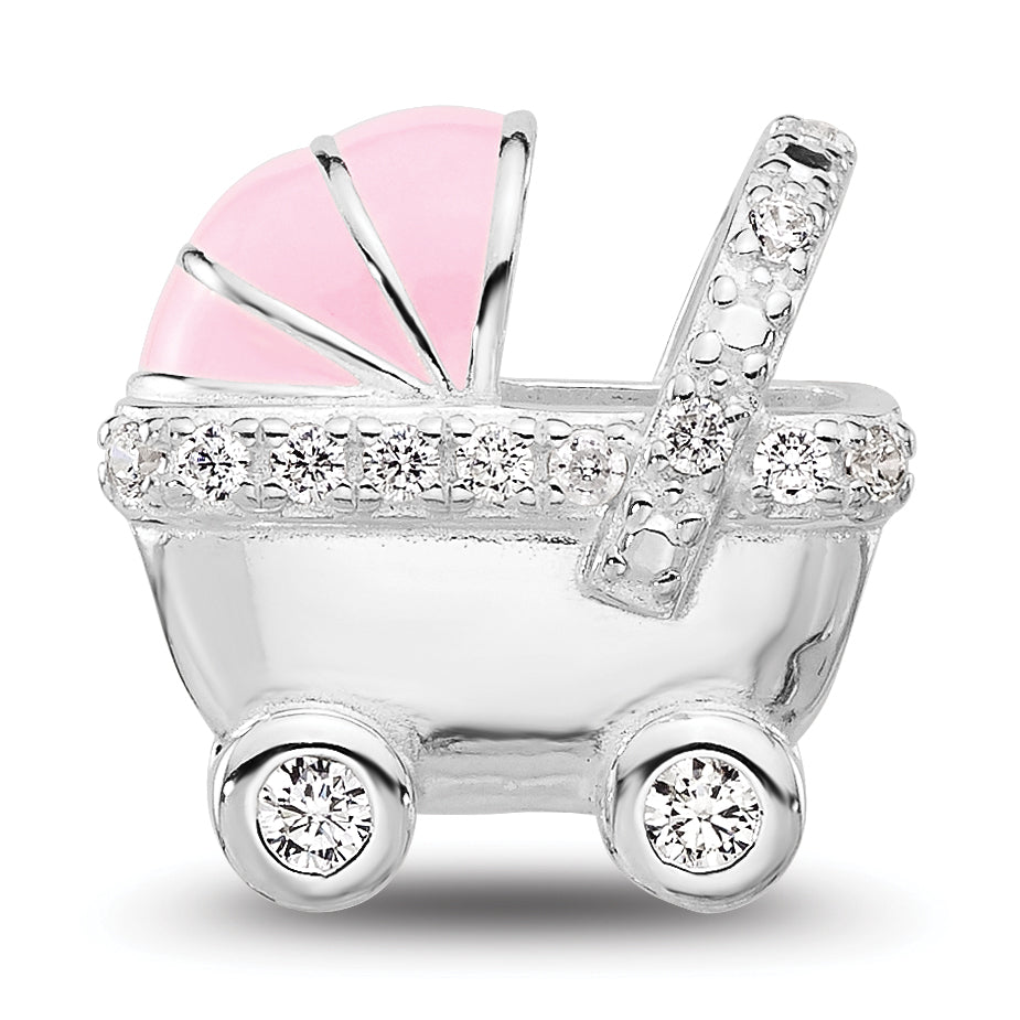 Sterling Silver Reflections Rh-plated Pink Enamel & Cubic Zirconia Stroller Bead