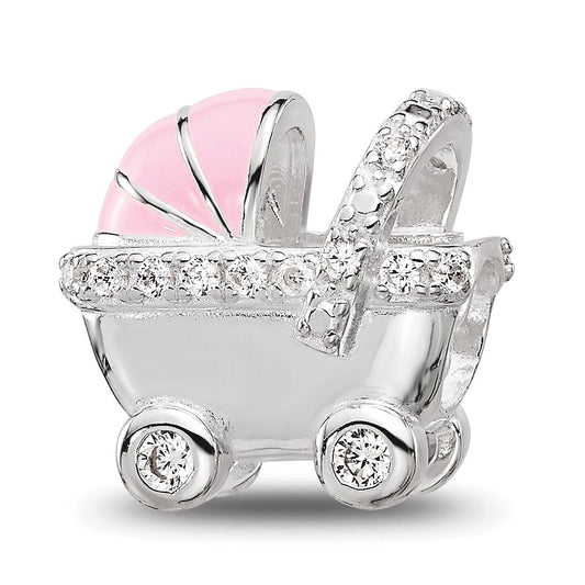 Sterling Silver Reflections Rh-plated Pink Enamel & Cubic Zirconia Stroller Bead