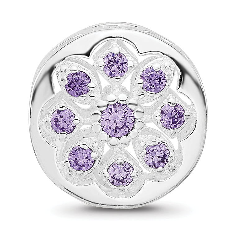 Sterling Silver Reflections Rhodium Plated Purple/Clear Cubic Zirconia Floral Reverse Bead