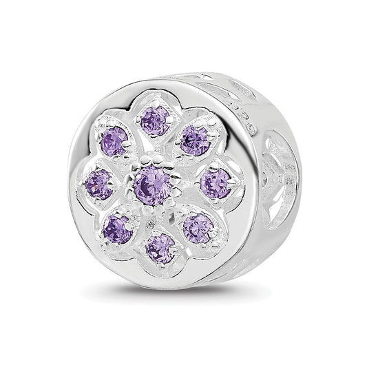 Sterling Silver Reflections Rhodium Plated Purple/Clear Cubic Zirconia Floral Reverse Bead
