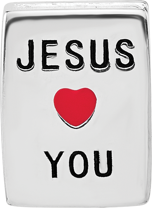 Sterling SIlver Reflections Rhodium Plated  Enamel & Cubic Zirconia Cross Jesus Loves You Square Bead