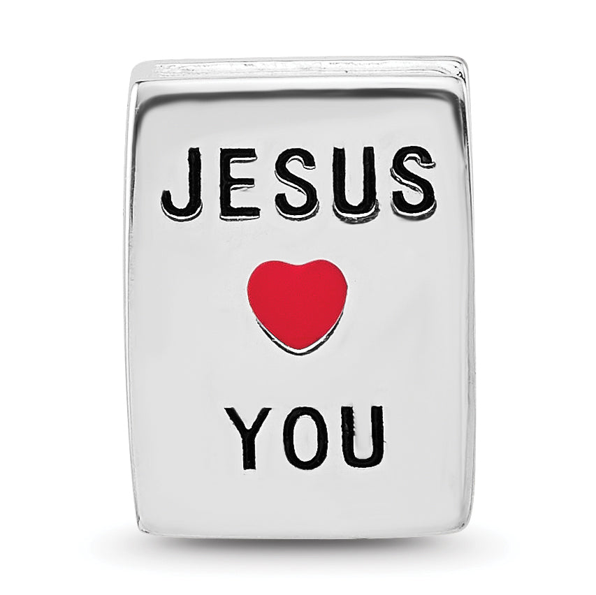 Sterling SIlver Reflections Rhodium Plated  Enamel & Cubic Zirconia Cross Jesus Loves You Square Bead