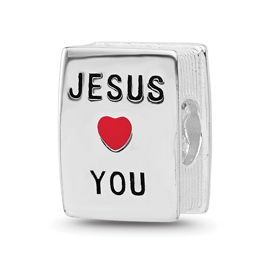 Sterling SIlver Reflections Rhodium Plated  Enamel & Cubic Zirconia Cross Jesus Loves You Square Bead