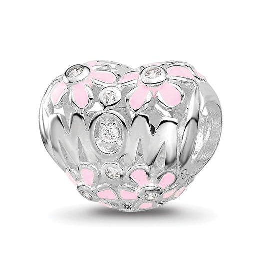 Sterling SIlver Reflections Rhodium Plated  Pink Enamel Cubic Zirconia Floral Mom Heart Bead