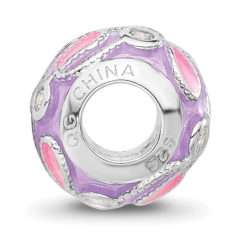 Sterling Silver Reflections RH-plated Purple Enameled and Cubic Zirconia Bead
