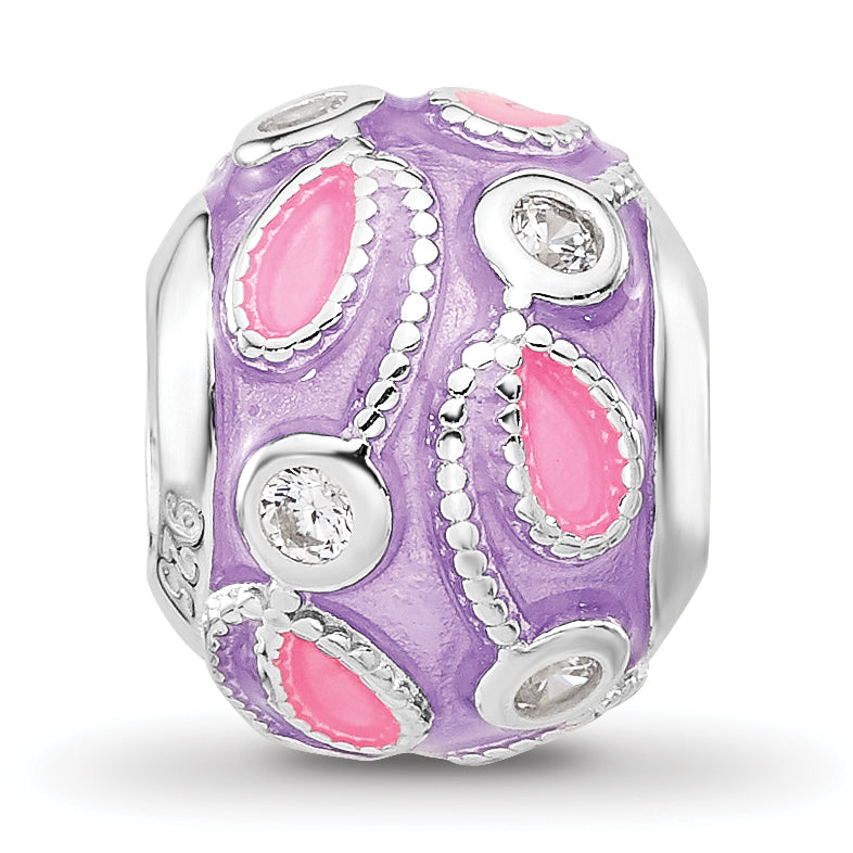 Sterling Silver Reflections RH-plated Purple Enameled and Cubic Zirconia Bead