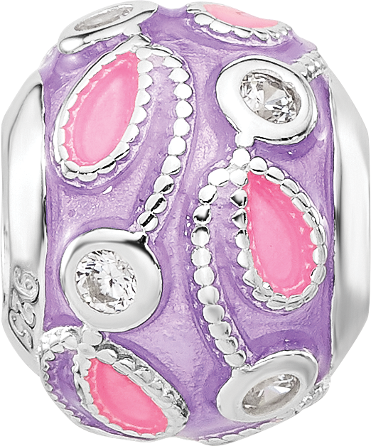 Sterling Silver Reflections RH-plated Purple Enameled and Cubic Zirconia Bead