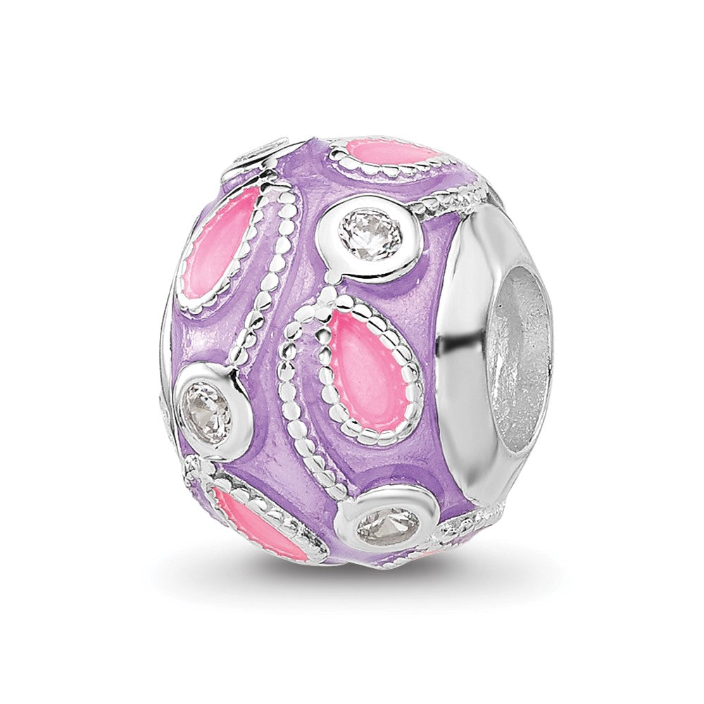 Sterling Silver Reflections RH-plated Purple Enameled and Cubic Zirconia Bead