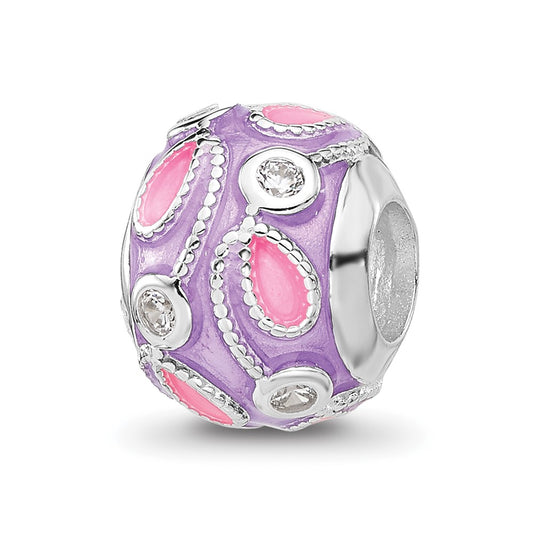 Sterling Silver Reflections RH-plated Purple Enameled and Cubic Zirconia Bead