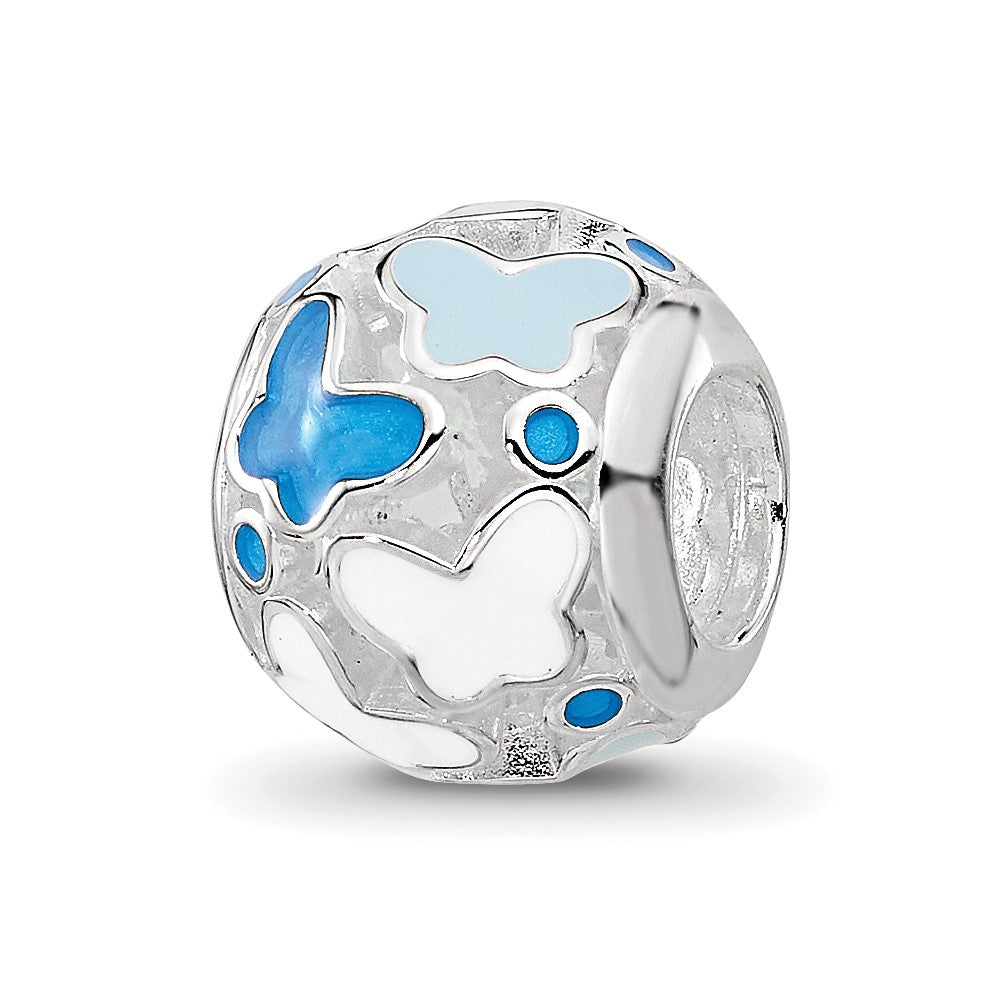 Sterling Silver Relfections Rh-plated Blue Enameled Butterflies Bead