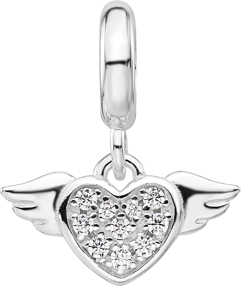 Sterling Silver Reflections Rh-plated Cubic Zirconia Heart with Wings Dangle Bead