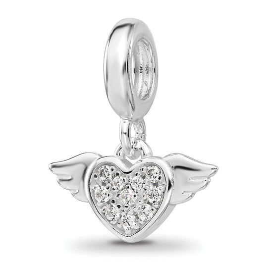 Sterling Silver Reflections Rh-plated Cubic Zirconia Heart with Wings Dangle Bead
