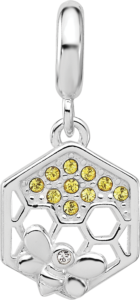 Sterling SIlver Reflections Rhodium Plated  Cubic Zirconia Bee With Honeycomb Dangle Bead