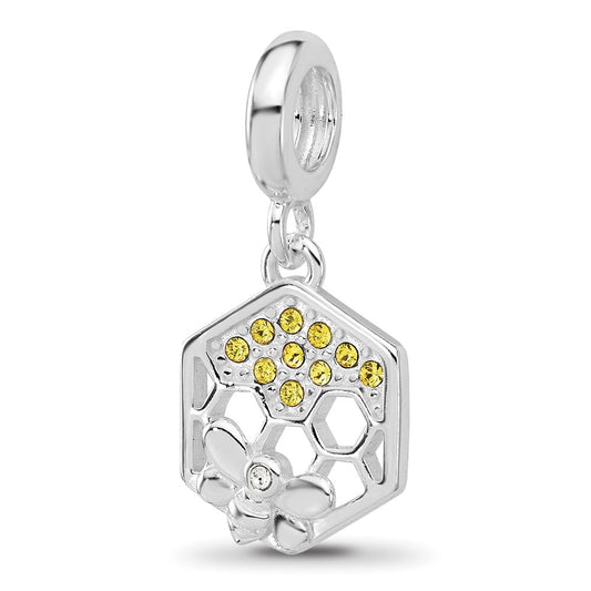 Sterling SIlver Reflections Rhodium Plated  Cubic Zirconia Bee With Honeycomb Dangle Bead