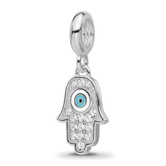 Sterling Silver Reflections Rh-plated Enamel & Cubic Zirconia Hamsa Dangle Bead