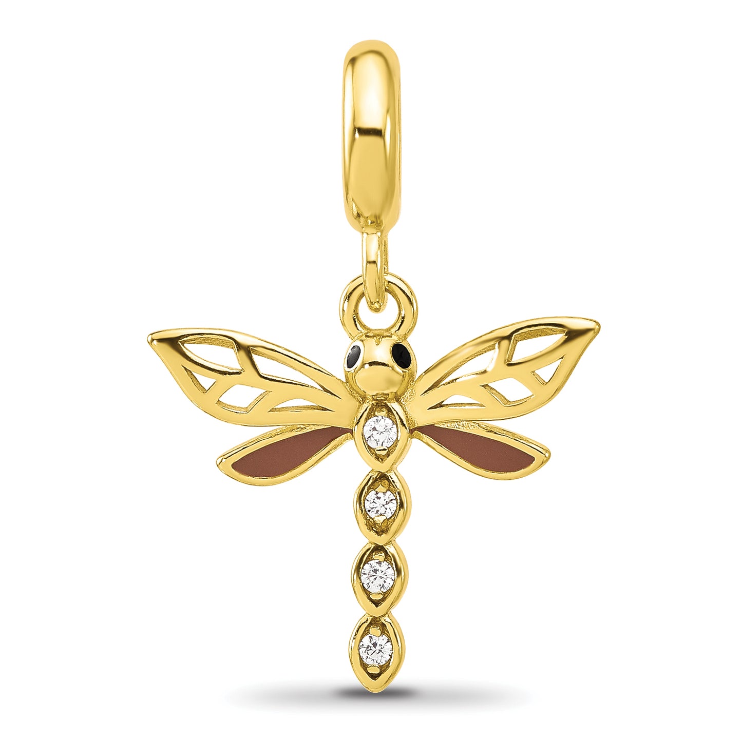 Sterling Silver Reflections Gold plated Cubic Zirconia and Enamel Dragonfly Dangle Bead