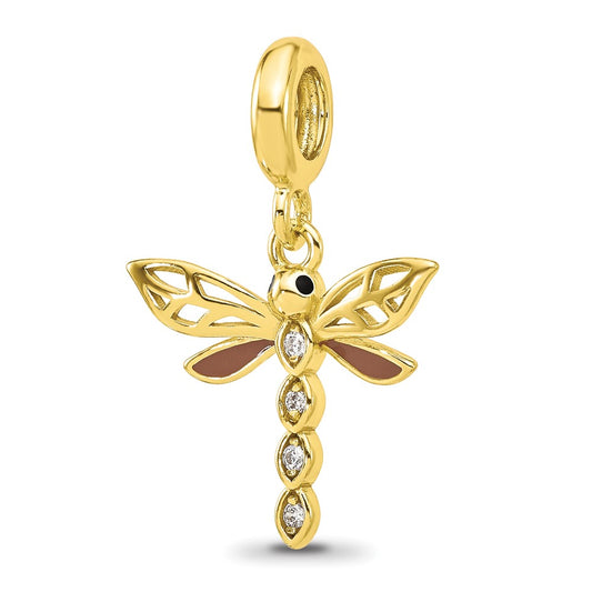 Sterling Silver Reflections Gold plated Cubic Zirconia and Enamel Dragonfly Dangle Bead
