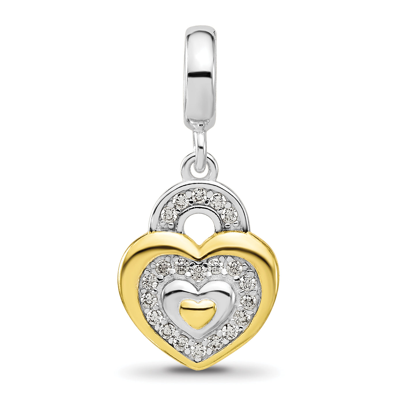 Sterling Silver Reflections Rh-plated Gold plated Cubic Zirconia Heart Dangle Bead