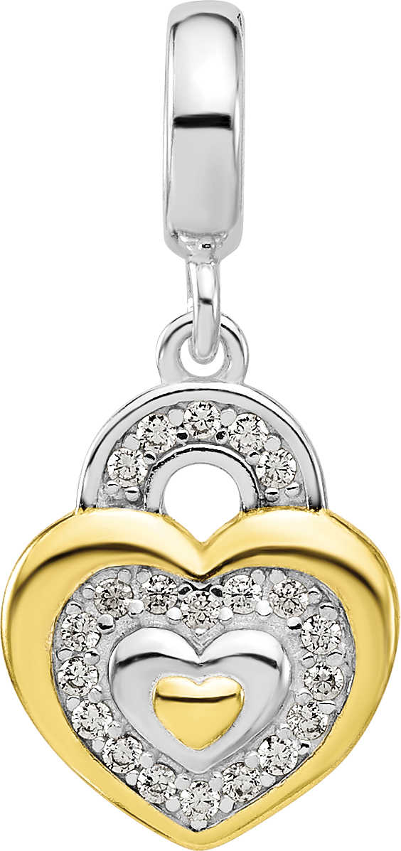 Sterling Silver Reflections Rh-plated Gold plated Cubic Zirconia Heart Dangle Bead