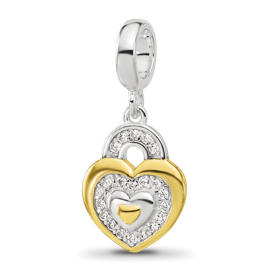 Sterling Silver Reflections Rh-plated Gold plated Cubic Zirconia Heart Dangle Bead