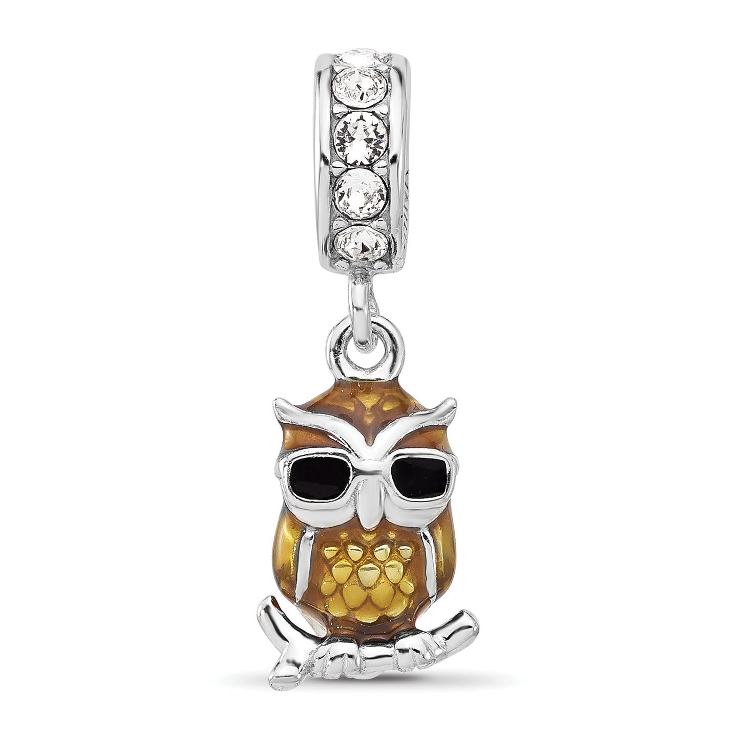 Sterling SIlver Reflections Rhodium Plated Crystal Enameled Owl Dangle Bead
