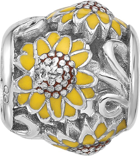 Sterling Silver Reflections Rhodium plated Enameled Sunflowers Bead