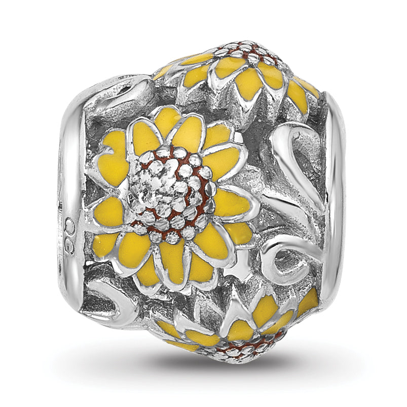 Sterling Silver Reflections Rhodium plated Enameled Sunflowers Bead