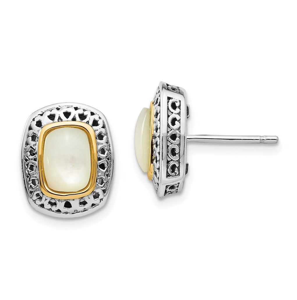 Sterling Silver w/14K Yellow Gold Antiqued MOP Post Earrings – Elegant Jewelry Gift for Birthday, Anniversary, Engagement, Wedding