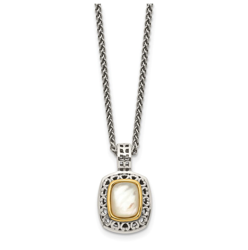 Sterling Silver w/14K Yellow Gold Antiqued MOP Necklace – Elegant Jewelry Gift for Birthday, Anniversary, Engagement, Wedding