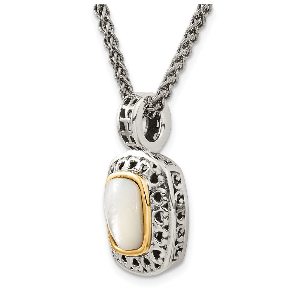 Sterling Silver w/14K Yellow Gold Antiqued MOP Necklace – Elegant Jewelry Gift for Birthday, Anniversary, Engagement, Wedding