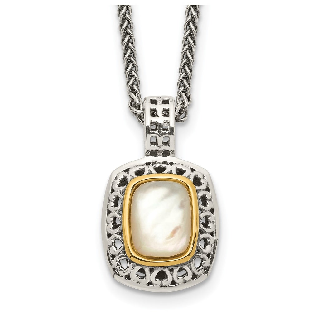 Sterling Silver w/14K Yellow Gold Antiqued MOP Necklace – Elegant Jewelry Gift for Birthday, Anniversary, Engagement, Wedding