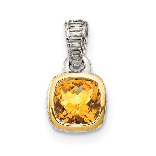 Shey Couture Sterling Silver Rhodium plated with 14k Accent Polished Cushion-cut Citrine Pendant