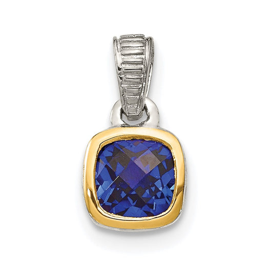 Shey Couture Sterling Silver Rhodium plated with 14k Accent Polished Cushion-cut Created Sapphire Pendant