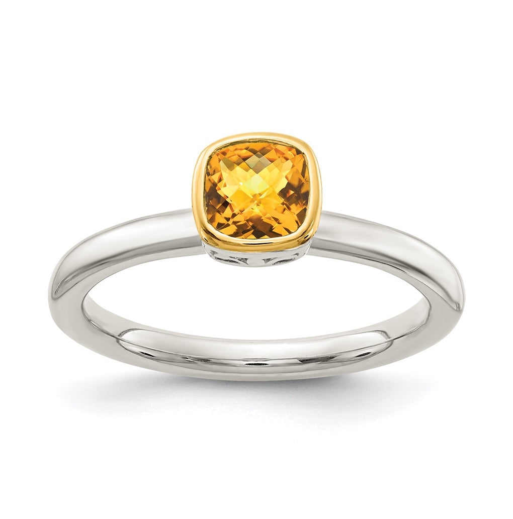 Sterling Silver Rhodium-plated w/ 14K Yellow Gold Accent Citrine Ring – Elegant Jewelry Gift for Birthday, Anniversary, Engagement, Wedding
