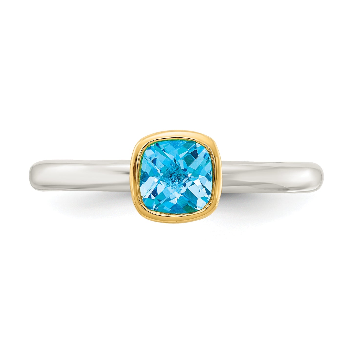 Shey Couture Sterling Silver Rhodium plated with 14k Accent Polished Cushion-cut Light Swiss Blue Topaz Ring, Size 8