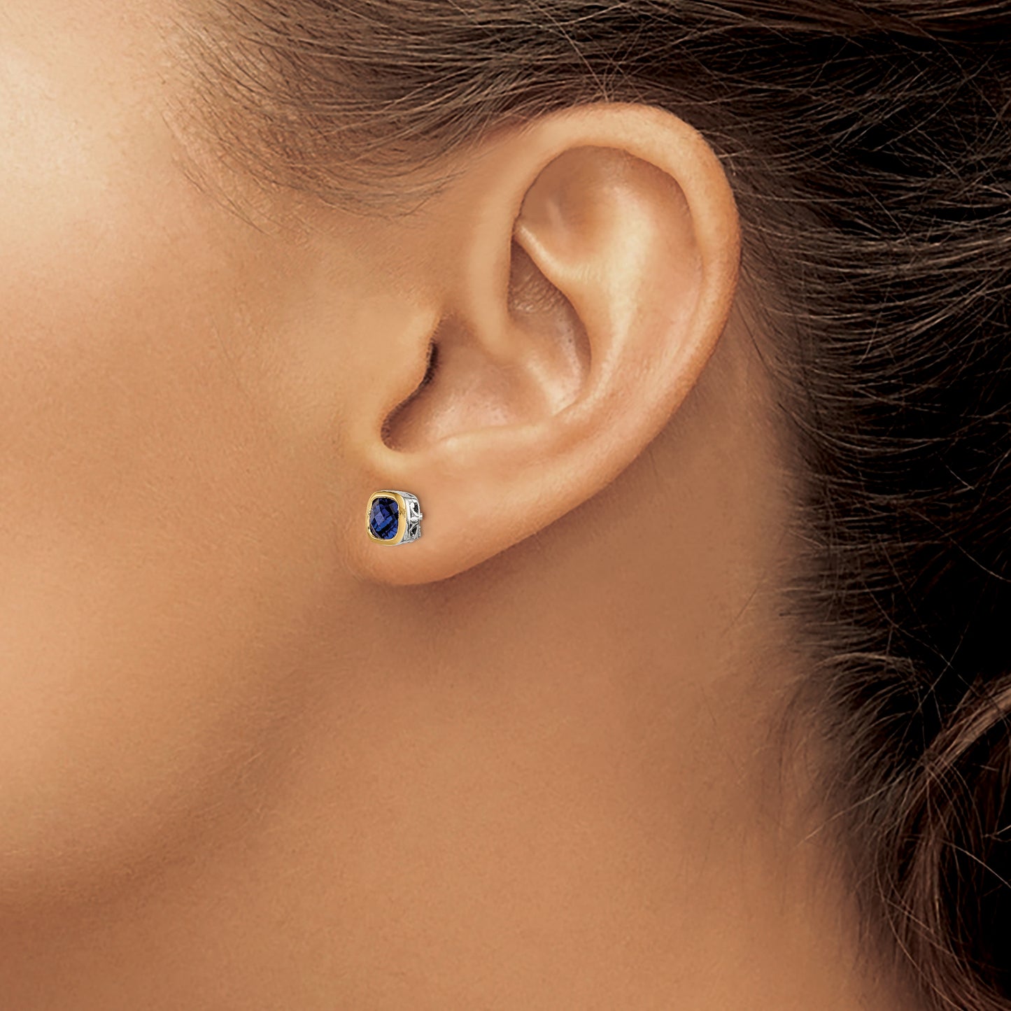 Shey Couture Sterling Silver Rhodium plated with 14k Accent Created Sapphire Square Stud Earrings