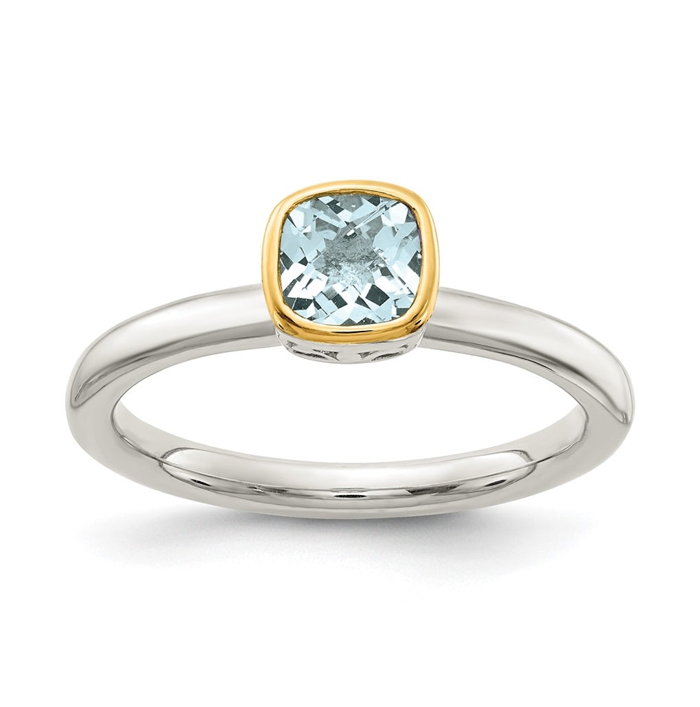 Shey Couture Sterling Silver Rhodium plated with 14K Accent Polished Cushion-cut Aquamarine Ring, Size 8