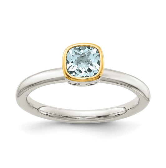 Shey Couture Sterling Silver Rhodium plated with 14K Accent Polished Cushion-cut Aquamarine Ring, Size 8