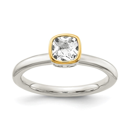 Shey Couture Sterling Silver Rhodium plated with 14K Accent Polished Cushion-cut White Topaz Ring, Size 8