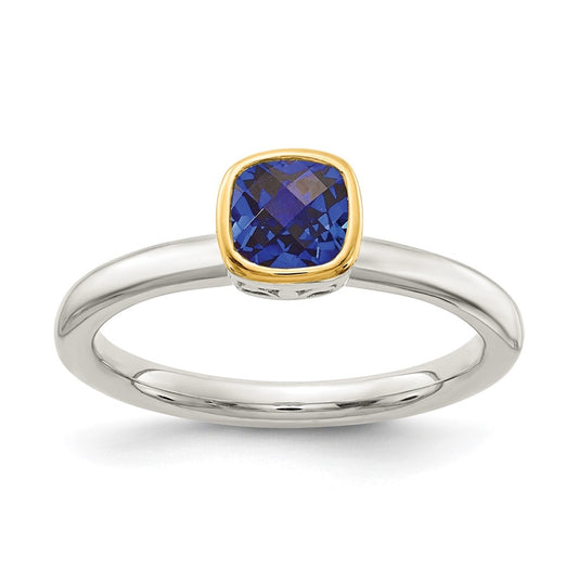 Shey Couture Sterling Silver Rhodium plated with 14K Accent Polished Cushion-cut Created Sapphire Ring, Size 7
