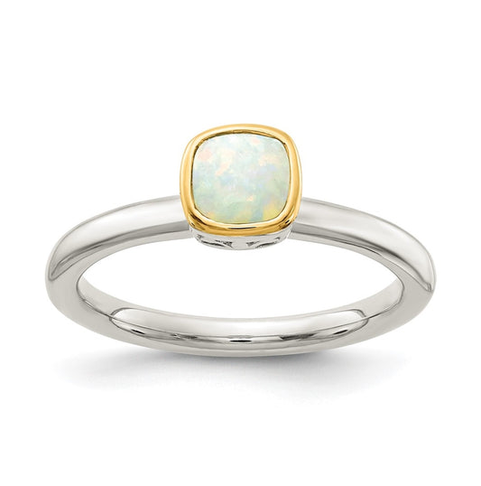 Shey Couture Sterling Silver Rhodium plated with 14K Accent Polished Cushion-cut Milky Opal Ring, Size 7